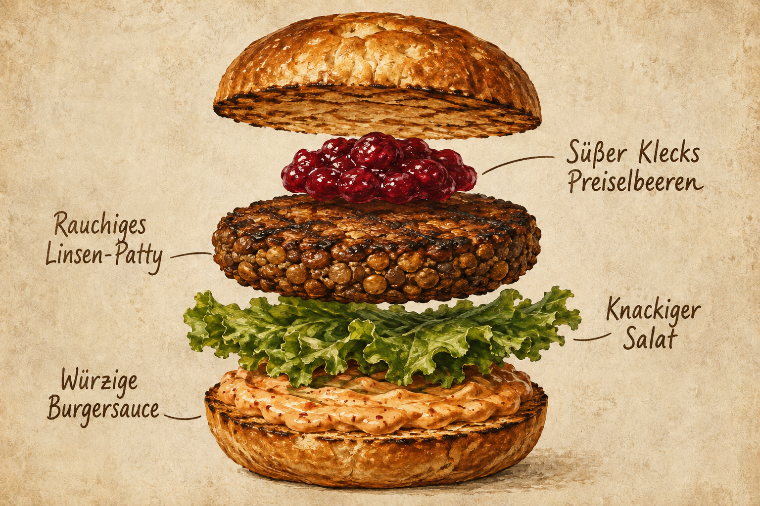 Illustration des Linsburgers als Explosionszeichnung: von oben nach unten der Bun-Deckel, ein süßer Klecks Preiselbeeren, das rauchige Linsen-Patty, knackiger Salat, würzige Burgersauce und der Bun-Boden.